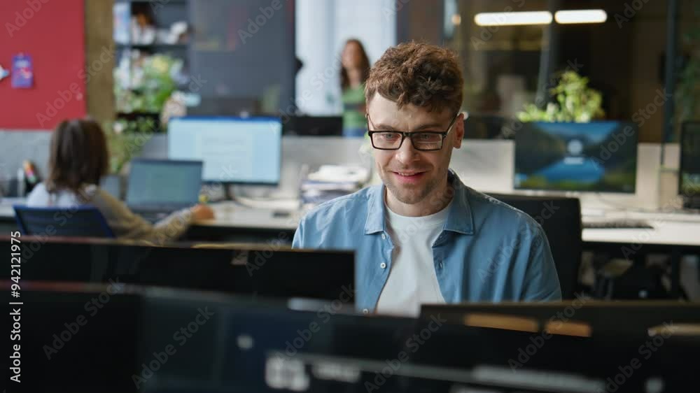 Poster smiling programmer typing keyboard working computer at office workplace closeup
