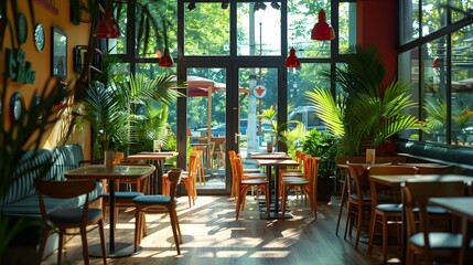 Fototapeta premium Cozy and Inviting Café with Lush Greenery and Natural Light