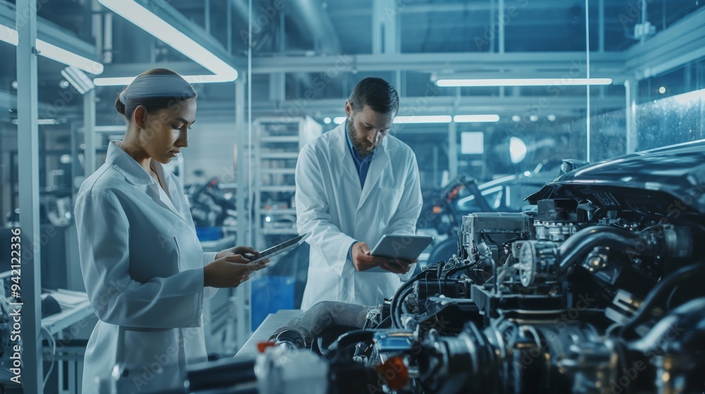 Poster engineers in a hightech lab use digital tablets for machinery analysis, highlighting innovation and 