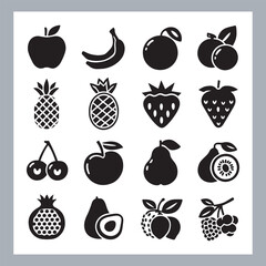 Fruits silhouette icon set, symbol style, Fruits Apple, banana, orange, mango, grape, pineapple, strawberry, watermelon, pear, cherry, kiwi, blueberry, papaya, peach, pomegranate silhouette