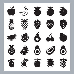 Fruits silhouette icon set, symbol style, Fruits Apple, banana, orange, mango, grape, pineapple, strawberry, watermelon, pear, cherry, kiwi, blueberry, papaya, peach, pomegranate silhouette