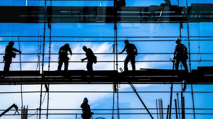 Builders working on high scaffolds silhouette image. Construction site employees photography scene wallpaper. Laborers job with professional equipment concept photorealistic photo