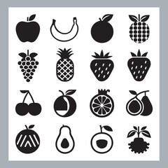 Fruits silhouette icon set, symbol style, Fruits Apple, banana, orange, mango, grape, pineapple, strawberry, watermelon, pear, cherry, kiwi, blueberry, papaya, peach, pomegranate silhouette