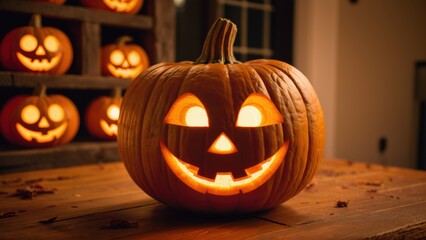Fototapeta premium Glowing jack-o'-lantern pumpkin on a wooden table for Halloween celebration