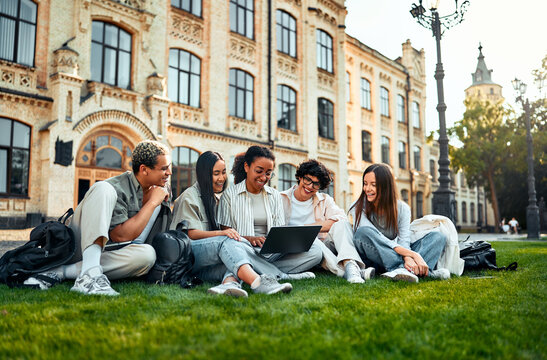  College students sitting on the grass on the campus socializing, studying and spending time at leisure. College students.