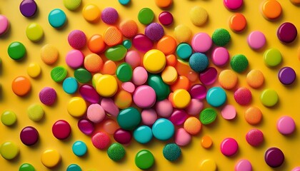 small round candies of different colors scattered on the table on a bright background, top view
