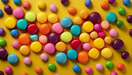 Obraz premium small round candies of different colors scattered on the table on a bright background, top view 