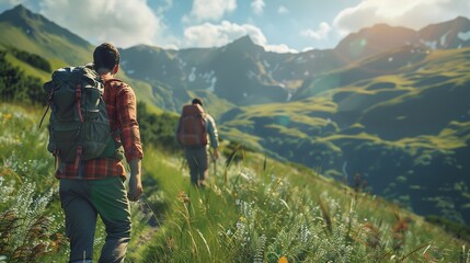 Hiker on Mountain Trail: Panoramic View with Sky Copy Space