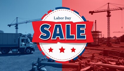Labor Day sale background featuring bright red and blue colors with a SALE message overlaid on a construction site image.