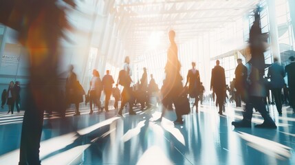 Blurred Silhouettes of People Walking in a Large, Modern Building