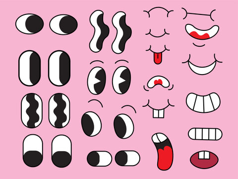 Naklejki color isolated groovy vector eyes and mouth set. elements for stickers posters prints mascots designs characters