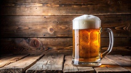 Cold Beer Mug with Frothy Head on Rustic Wooden Table.