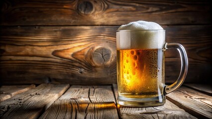 Cold Beer Mug with Frothy Head on Rustic Wooden Table.
