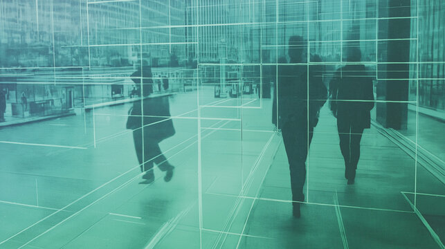 Business people walking in abstract city with geometric lines