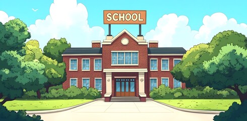 A cartoon illustration of a brick school building with a sign that reads 'SCHOOL' on top.