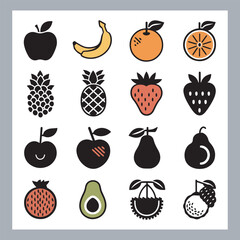Fruits silhouette icon set, symbol style, Fruits Apple, banana, orange, mango, grape, pineapple, strawberry, watermelon, pear, cherry, kiwi, blueberry, papaya, peach, pomegranate silhouette