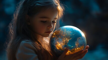 Naklejka premium A girl gazes thoughtfully at a glowing globe, symbolizing hope and connection to the Earth.