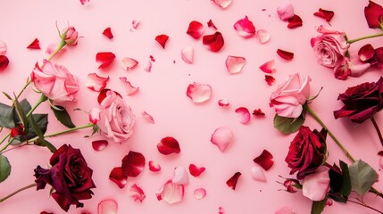 Pink and Red Roses with Petals on a Pink Background