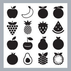 Fruits silhouette icon set, symbol style, Fruits Apple, banana, orange, mango, grape, pineapple, strawberry, watermelon, pear, cherry, kiwi, blueberry, papaya, peach, pomegranate silhouette