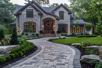 Elegant Stone House with Lush Landscaping and Curved Pathway