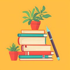 Stack of books, a pen, and potted plants on a yellow background.