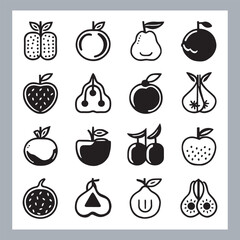 Fruits silhouette icon set, symbol style, Fruits Apple, banana, orange, mango, grape, pineapple, strawberry, watermelon, pear, cherry, kiwi, blueberry, papaya, peach, pomegranate silhouette