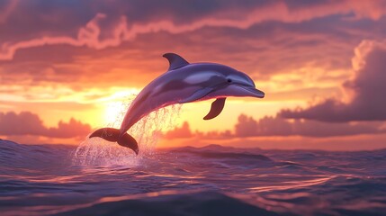 A vaquita dolphin leaping out of the water with a dramatic sunset in the background.