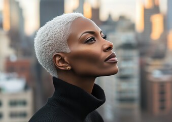 Black woman with short white hair, city background, natural lighting, side profile shot