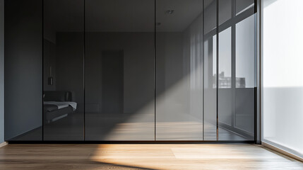Modern interior of a minimalist room with large windows and wooden flooring bathed in sunlight during the day