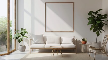 A serene living room with natural light, plants, and minimalist decor.