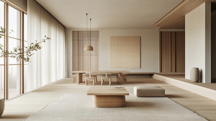 Minimalist interior design of a serene living space featuring natural wood elements and soft light during the day