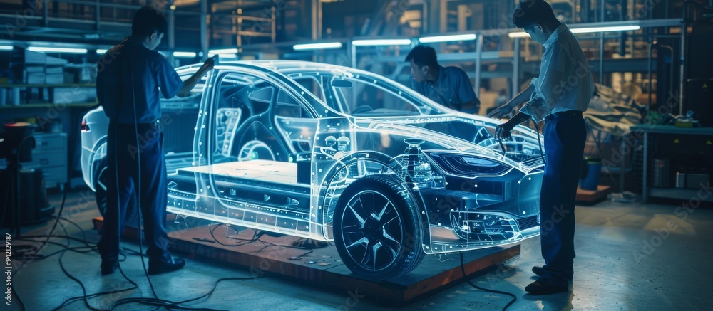 Poster engineers at a hightech automotive design lab are working on a futuristic electric car concept, disp