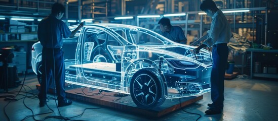 Engineers at a hightech automotive design lab are working on a futuristic electric car concept, displaying a holographic 3D model that represents innovation and cuttingedge technology