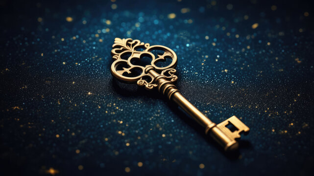Bright shiny vintage antiquity golden key with ornament in gothic style, mystery blue boke background.