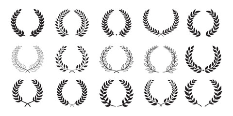 Laurel wreath. Set outline silhouette hand drawn laurel wreaths isolated Doodle floral frames.
