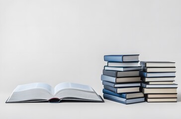 A single open book lies on a white surface with a stack of closed books in the background.