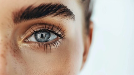 Close-up of a woman's blue eye with long eyelashes and defined eyebrows