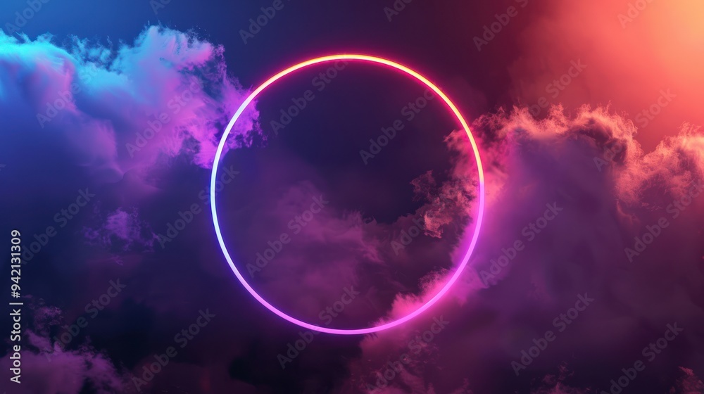 Poster Neon Circle in Cloudy Sky