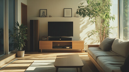 Bright and airy living room with greenery and modern furniture during early afternoon hours