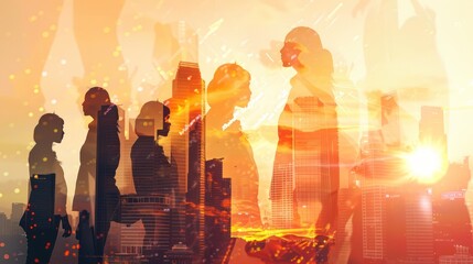 Silhouettes of People in a Cityscape at Sunset