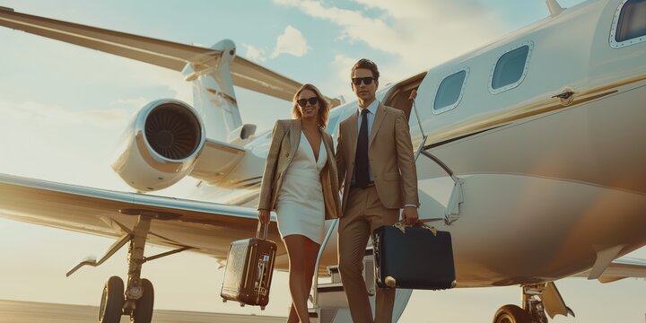 A wealthy and successful passenger enjoying a luxurious flight with elegant surroundings and cheerful company.