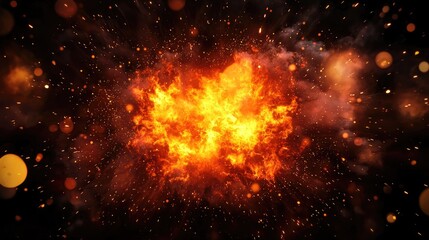 Naklejka premium Dynamic explosion with vibrant flames and sparks, showcasing powerful energy against a dark background.