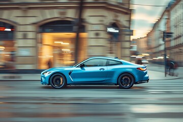 Dynamic Blue Sports Car in Motion on Urban Street