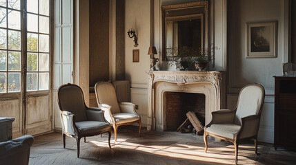 Fototapeta premium Elegant vintage sitting room with three armchairs, a wooden fireplace, and sunlight streaming through large windows in the late afternoon