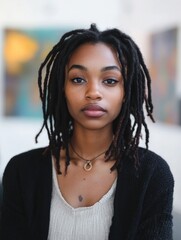 Contemplative Afro-Girl with Necklace and Tattoo