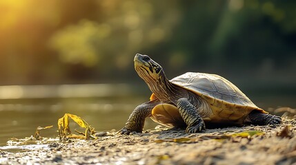 A Yangtze giant softshell turtle basking on a riverbank under the sun.