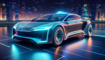 Fototapeta premium A luxury autonomous car featuring a sleek, AI-powered interface that projects holographic navigation, offering a futuristic driving experience with advanced technology and comfort