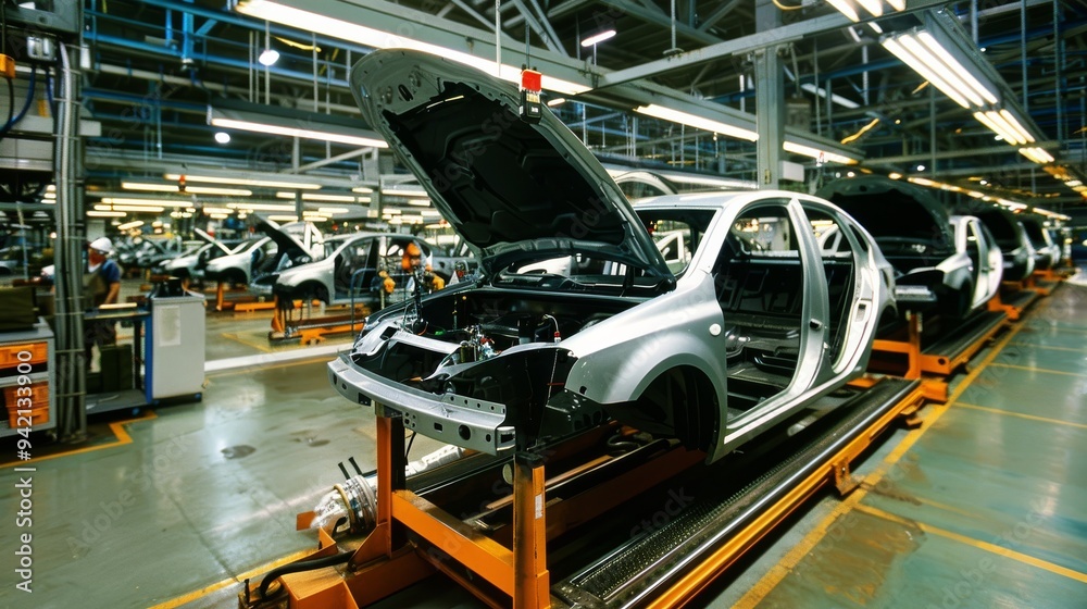 Aufkleber in a stateoftheart factory, cars are meticulously assembled on a sophisticated assembly line, showca