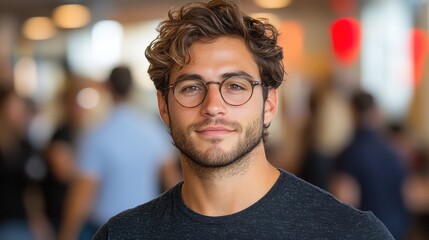 A young man with curly hair and glasses stands confidently in a softly lit indoor setting, surrounded by a blurred background of people