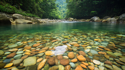 Naklejka premium Przejrzysta woda spokojnej rzeki odsłania kolorowe, gładkie kamienie, które leżą na dnie. 